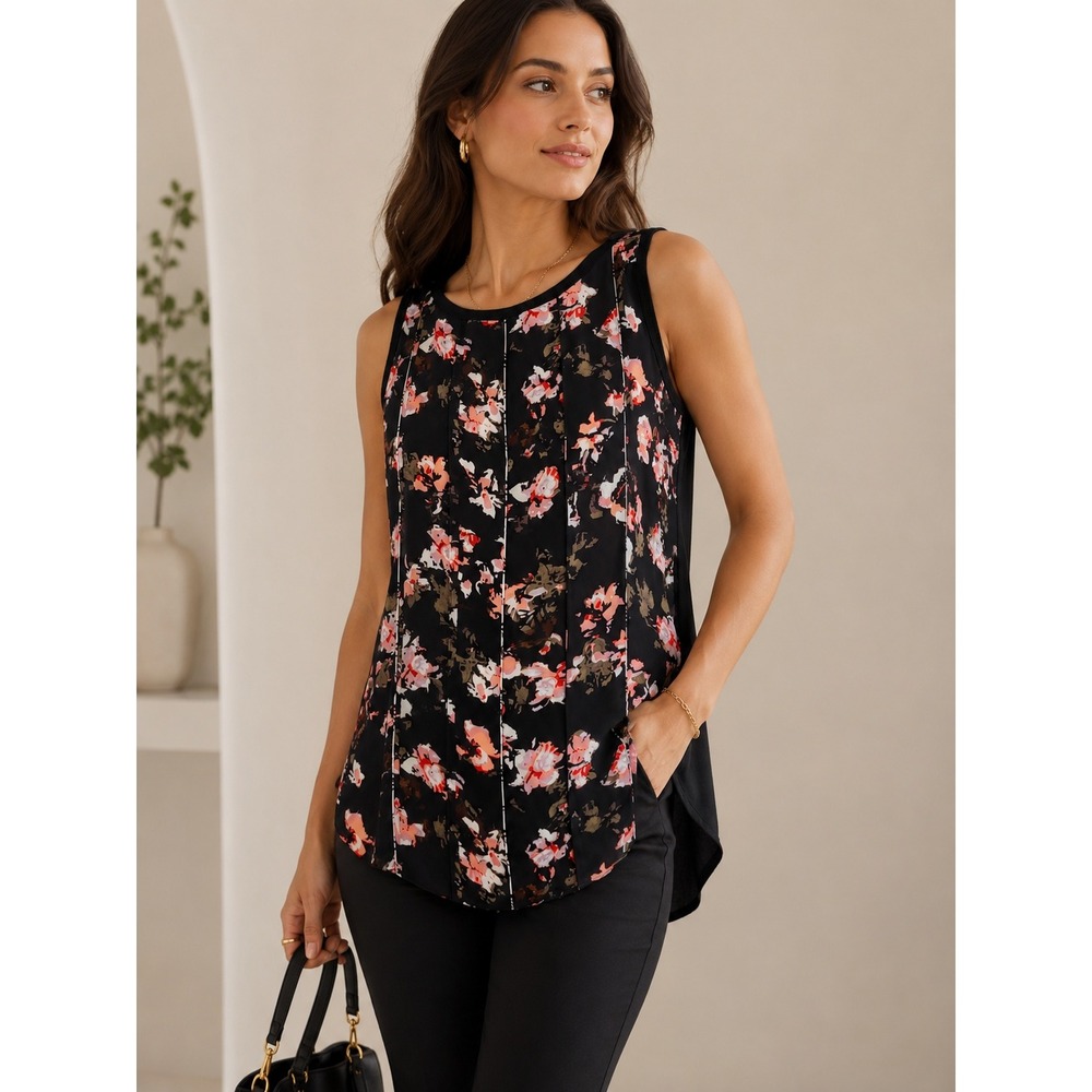 White House Black Market Floral Pleated Sleeveless High Low Blouse Top M